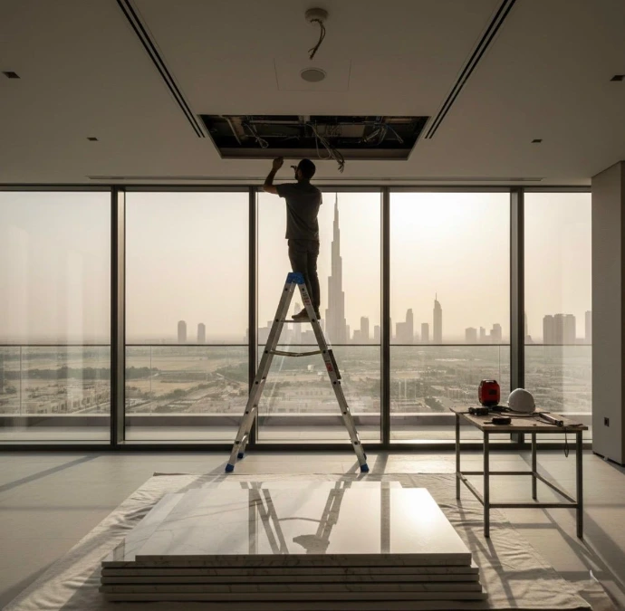 Maîtrise d'œuvre et suivi de chantier Nice Hunter Design : Rénovation d'un penthouse de luxe à Dubaï avec vue sur le Burj Khalifa, coordination d'artisans et contrôle qualité d'exécution.