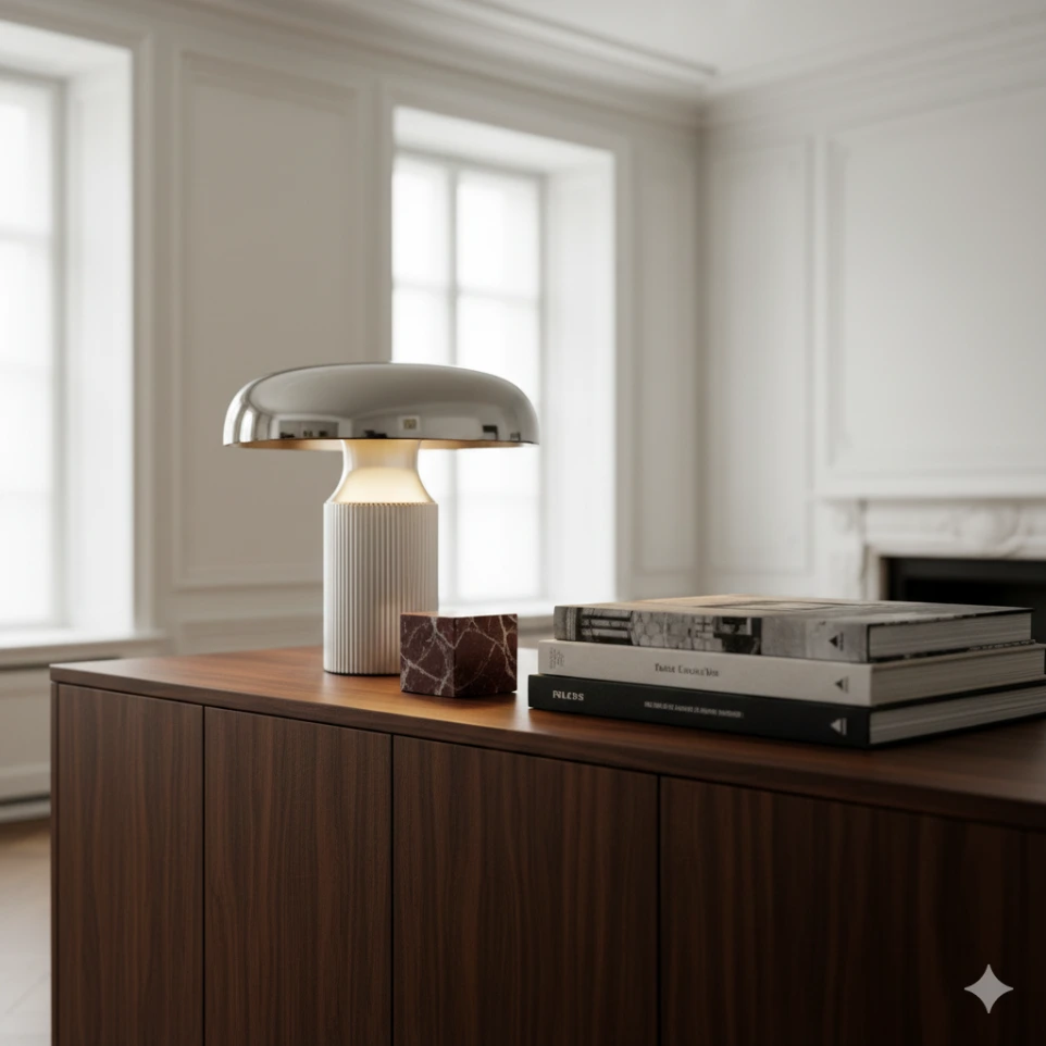 Architecture d'intérieur Nice Hunter Design : lampe flos, table noyer, appartement haussmanien