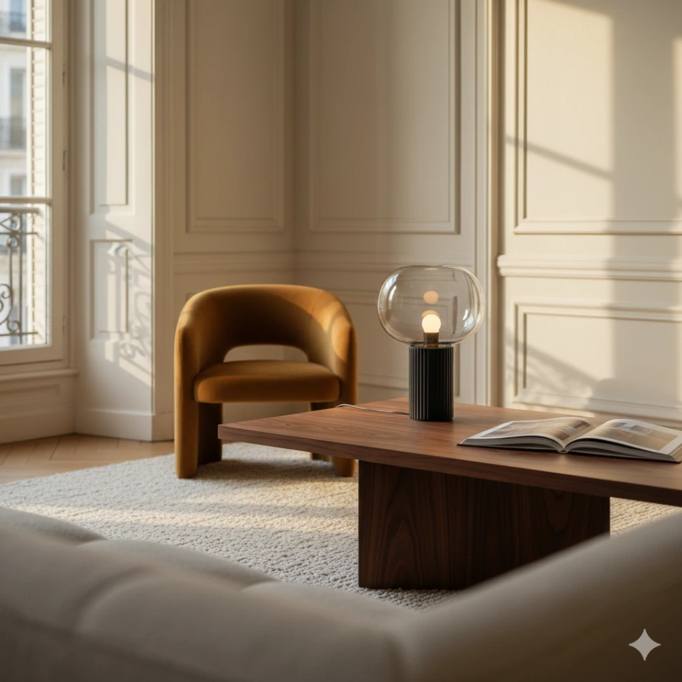 Architecture d'intérieur Nice Hunter Design : lampe design, fauteuil design, sofa crème design, tapis créateur