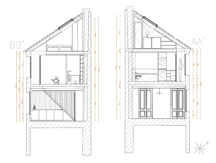 Expertise technique Nice Hunter Design : Coupes transversales AA' et BB' illustrant la structure et les volumes d'une réhabilitation immobilière à Paris.