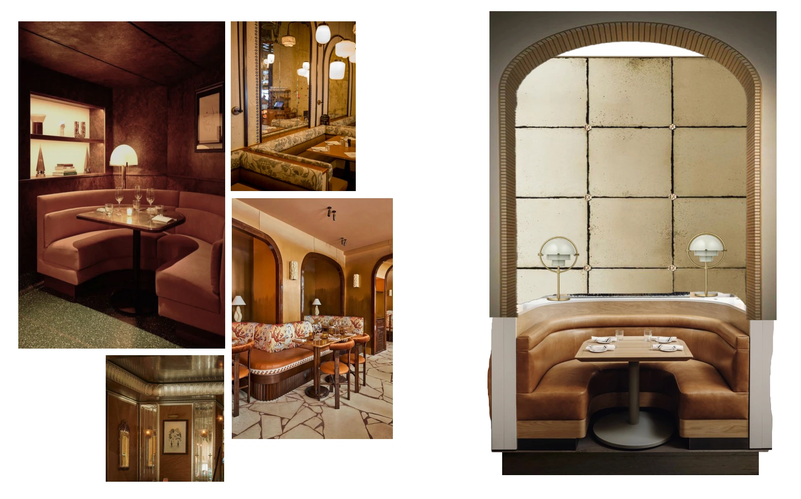 Storytelling et codes d'ambiance Nice Hunter Design : Recherche créative autour du bois précieux et des arches pour un design d'intérieur narratif.