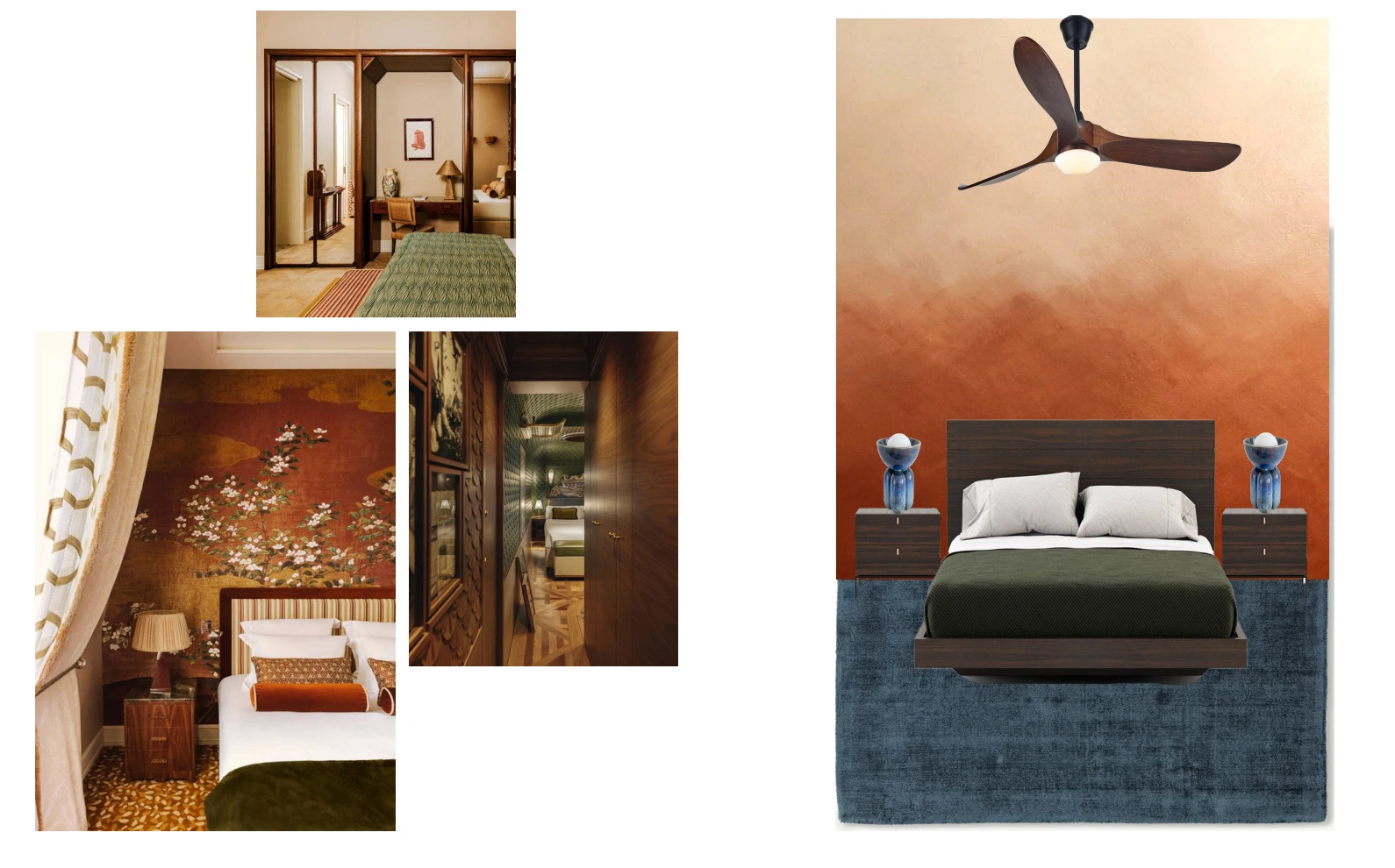 Nice Hunter Design : Étude de conception pour une suite parentale chaleureuse avec mur texturé ocre, mobilier en noyer massif et curation de luminaires design.