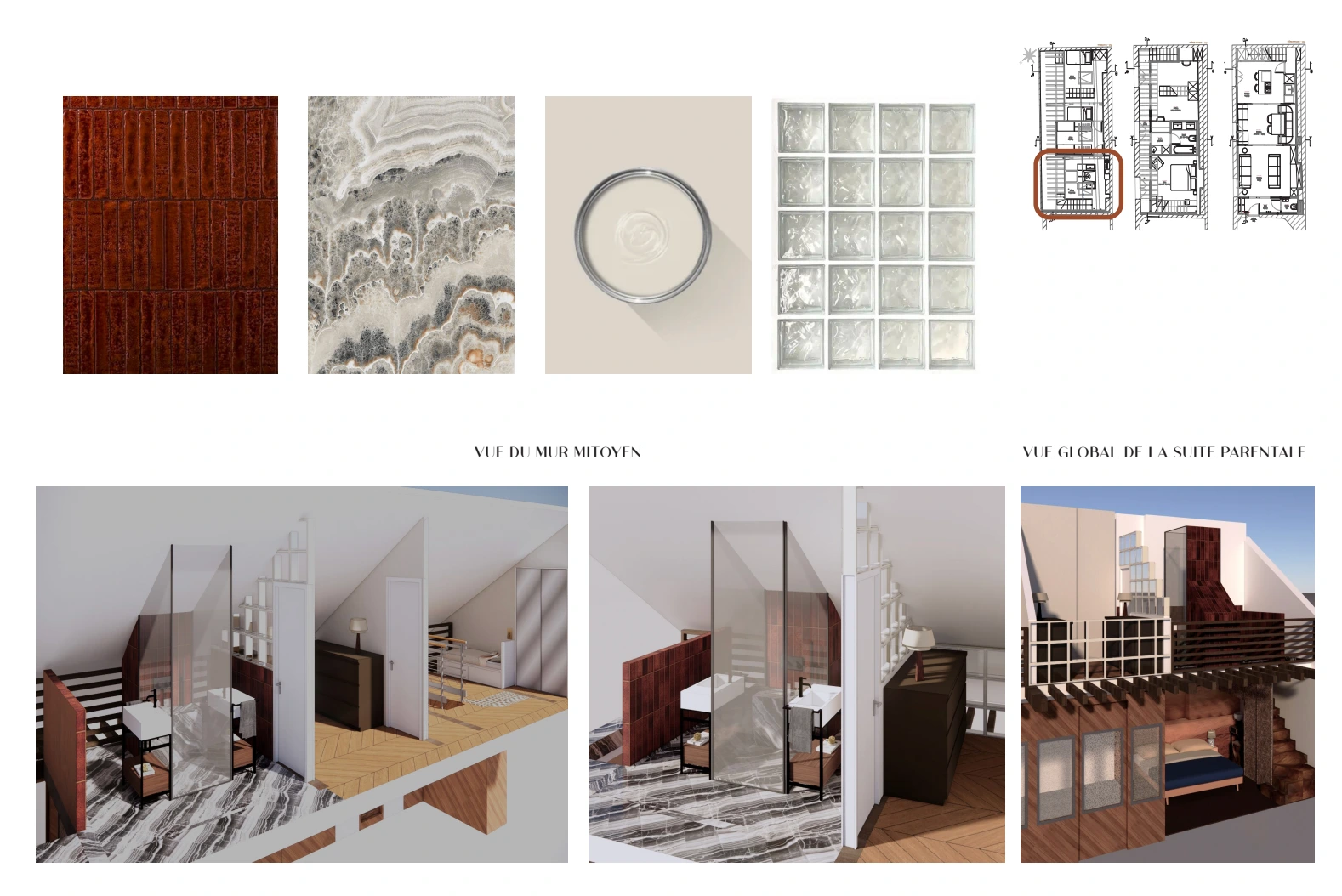 Curation de matériaux Nice Hunter Design : Moodboard associant travertin, marbre blanc veiné et noyer pour un projet d'architecture d'intérieur d'exception.