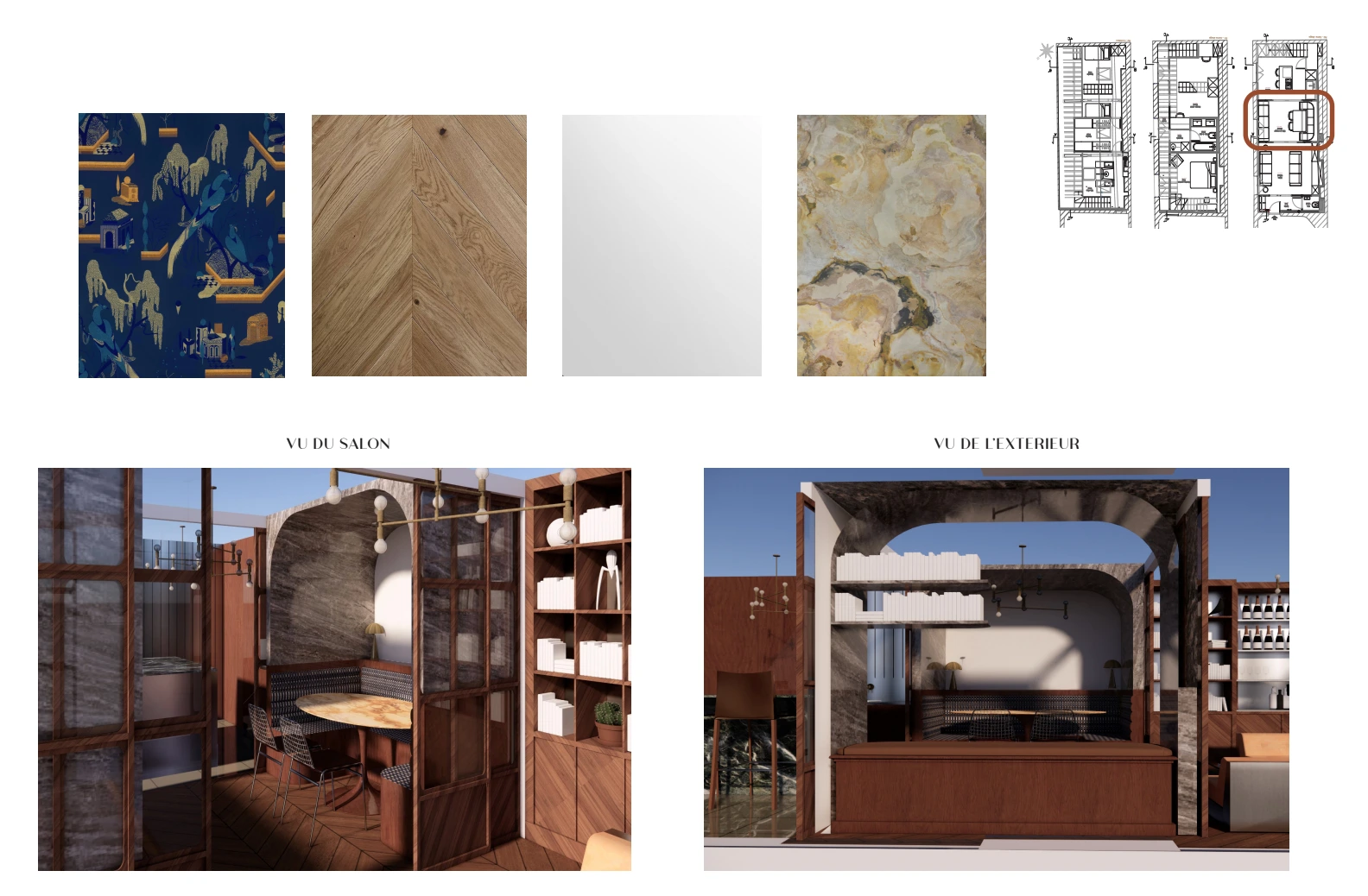 Agencement de salle à manger sur mesure par Nice Hunter Design : Alcôve avec banquette courbe, table en marbre et textures boisées inspirées de l'esthétique ferroviaire de luxe.