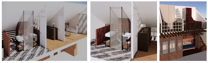 Conception salle de bain de luxe par Nice Hunter Design : Modélisation 3D avec sol en marbre veiné, menuiserie en noyer et paroi vitrée pour une suite parentale.