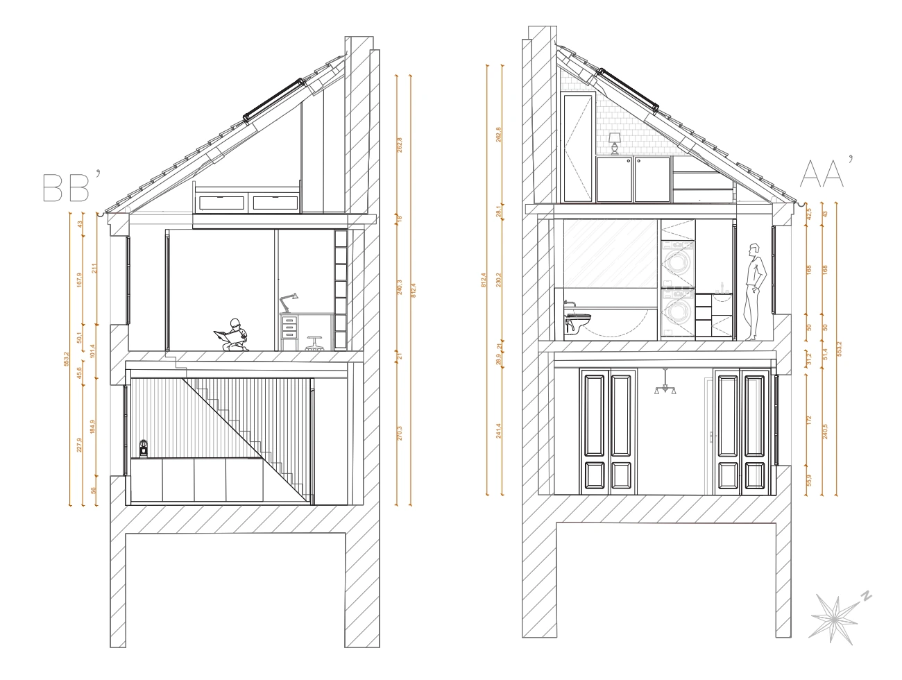 Nice Hunter Design : Dessin technique d'une coupe longitudinale CC' montrant l'agencement sur mesure pour la maîtrise d'œuvre d'un projet haut de gamme.