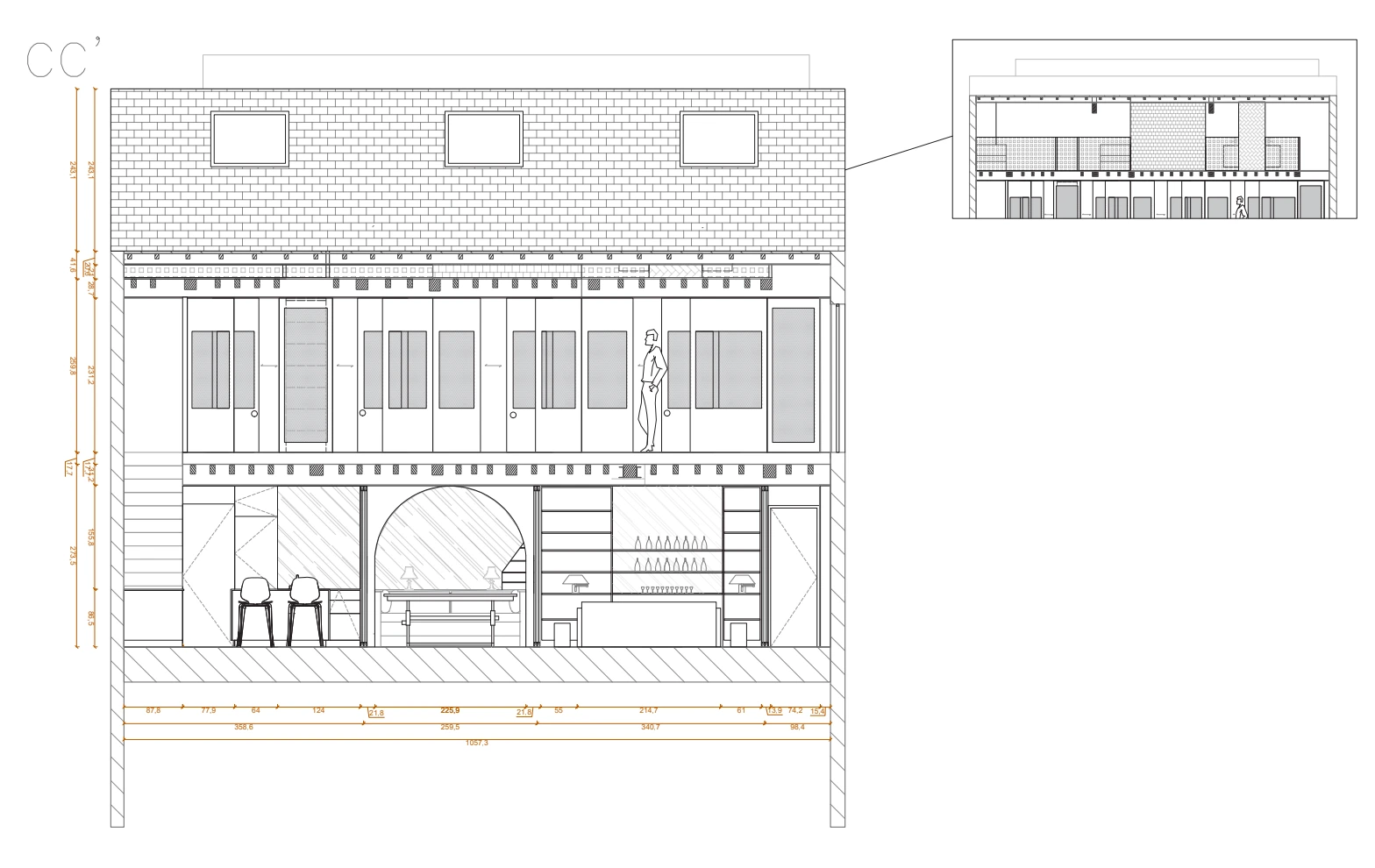 Plan technique d'architecture d'intérieur : Coupe longitudinale détaillée d'un triplex parisien signée Nice Hunter Design pour une réhabilitation complète.
