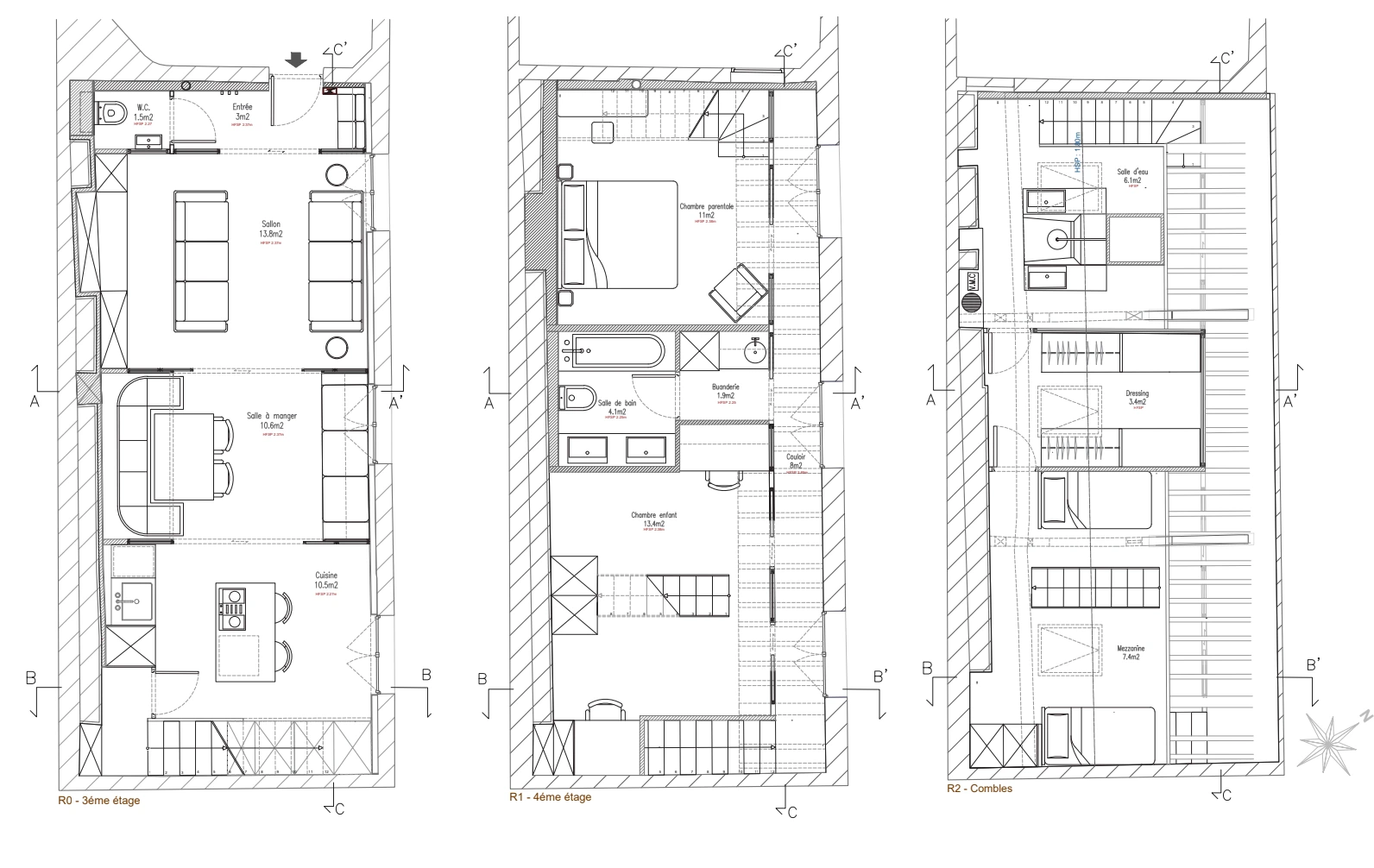 Optimisation d'espace Nice Hunter Design : Plan d'aménagement technique détaillé d'un triplex à Paris avec calepinage et disposition du mobilier sur mesure.