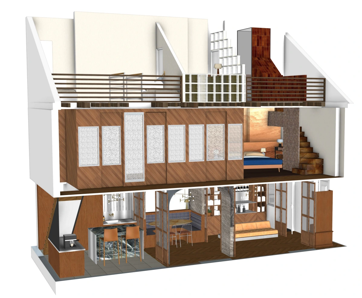 Vision 3D globale du projet Paris Saint-Martin par Nice Hunter Design : Vue en coupe immersive montrant l'agencement agile sur les trois niveaux du triplex.