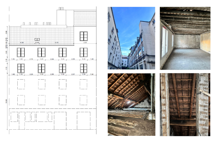 Présentation de projet Nice Hunter Design : Analyse de l'existant et façade d'un immeuble parisien pour une rénovation complète de triplex sous combles.